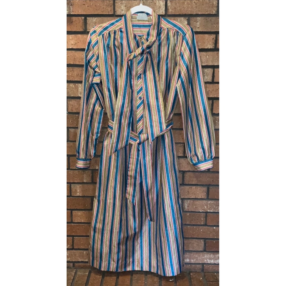 Vintage Bayard Sport Striped Tie Neck Shirt Dress Blue Red Gold Midi Size 12